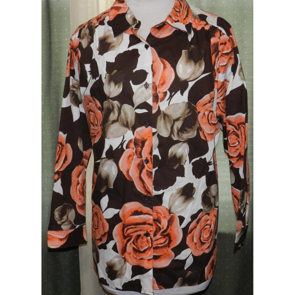 Roaman's 22W floral cotton blend buttoned top long sleeves plus size women's